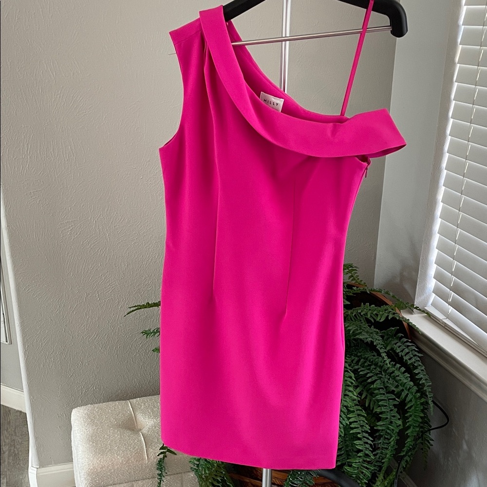 Milly Vibrant Hot Pink One-Shoulder Shift Dress